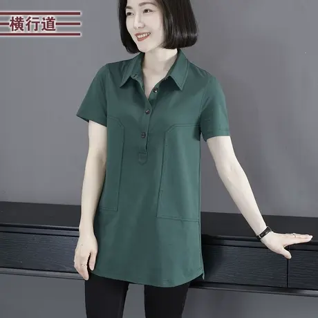 2025新款夏装翻领中长款短袖T恤女装纯色宽松大码中年妈妈女上衣商品大图
