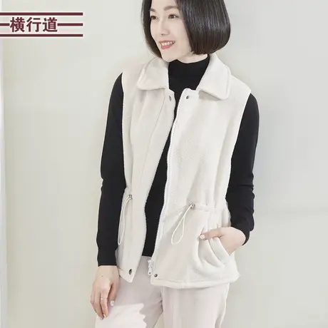 2025新款春装翻领摇粒绒收腰马甲外套宽松纯色大码妈妈外搭上衣女图片