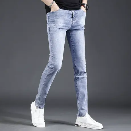 夏季薄款牛仔裤男2022年新款修身小脚浅蓝色轻奢质感男士弹力裤子商品大图