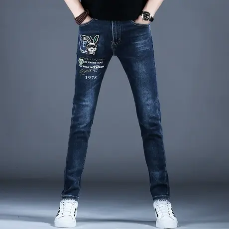 2023新款秋冬季男士时尚印花牛仔裤男款小脚修身潮流男裤百搭弹力商品大图