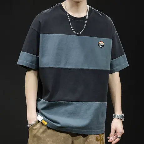 条纹短袖t恤男士半袖潮牌大码夏季2024新款男装重磅加肥加大体恤商品大图