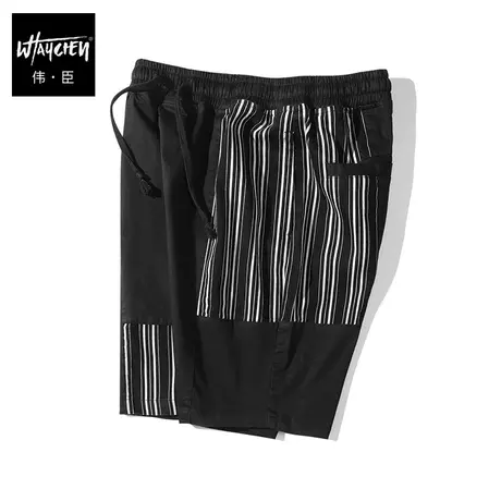伟臣潮牌大码男装夏季休闲短裤男胖子加肥加大竖条纹拼接五分裤男商品大图