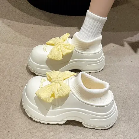 可爱蝴蝶结加绒保暖棉鞋女外穿2023秋冬新款厚底防滑防水包跟棉拖商品大图