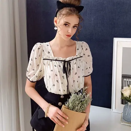 粉红大布娃娃甜美小花雪纺衬衫女2021新款设计感雪纺衫半袖衬衫商品大图