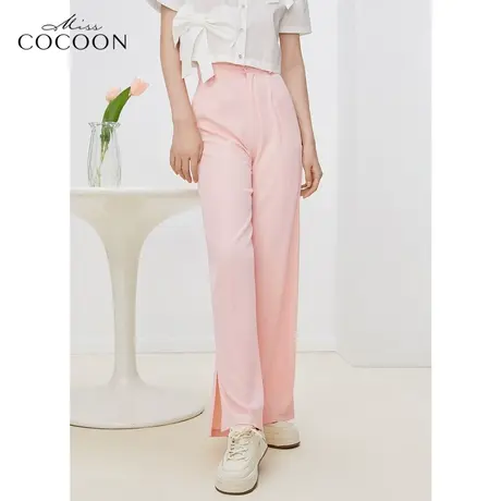 missCOCOON粉色休闲阔腿裤女2023新款春季高腰垂感百搭直筒西装裤图片