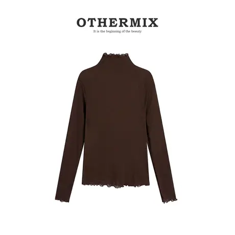 othermix木耳边半高领打底衫女2023秋冬新款内搭T恤女百搭上衣短图片