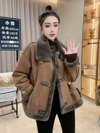 羊羔毛机车服外套女2023冬季新款皮毛一体复古短款麂皮绒毛毛上衣图片