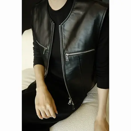 小羊皮V领皮马甲女2024春夏季新款气质百搭无袖拉链上衣马甲女商品大图