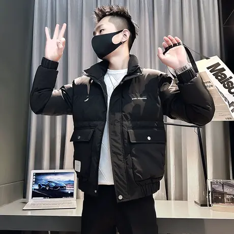 立领棉服男冬季纯色潮牌修身短款加厚冬装帅气工装大口袋棉衣外套商品大图