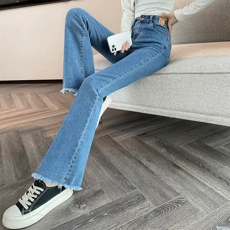 唐狮春秋季新款女牛仔裤喇叭裤高腰显瘦修身百搭韩系减龄毛边TJ图片