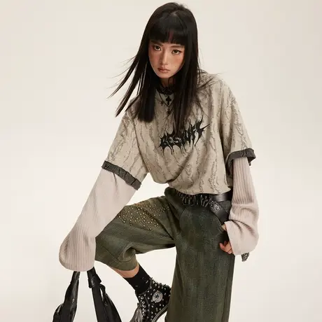 美式复古假两件卫衣女春秋2025新款破洞做旧宽松oversize无帽上衣商品大图