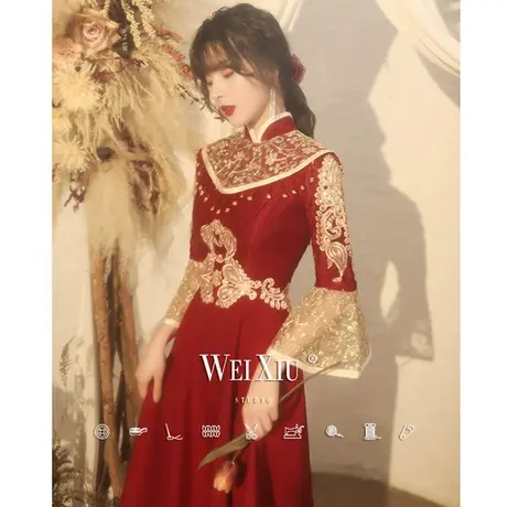 中式敬酒服新娘2024新款秋冬季结婚回门晚礼服小个子中长款中国风商品大图