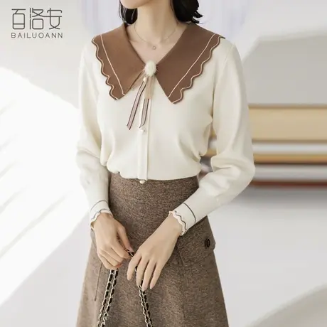 百洛安洋气减龄撞色翻领针织衫女2024春新款百搭别致长袖毛衣上衣图片