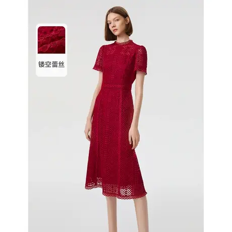朗姿法式蕾丝时尚红色连衣裙女春夏季新款气质高级感长裙子图片