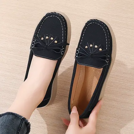 老北京布鞋女春季一脚蹬真皮休闲单鞋软底防滑黑色工作鞋妈妈皮鞋商品大图