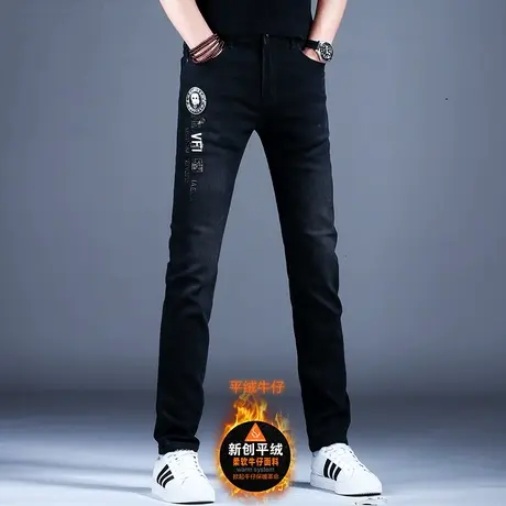 男士秋冬季刺绣加绒牛仔裤男款小脚裤子潮流2023新款弹力潮牌长裤商品大图