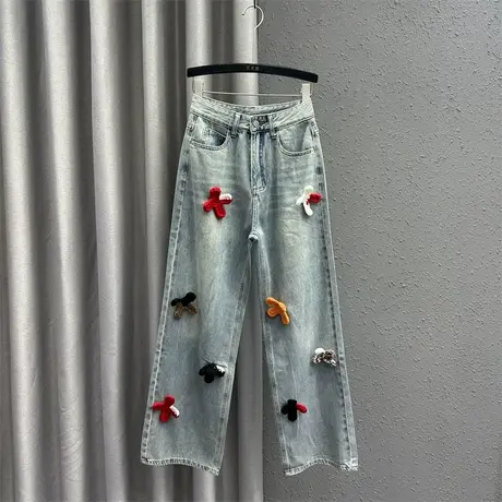 欧货炸街复古牛仔直筒裤女2024春季新款高腰宽松显瘦贴阔腿拖地裤图片