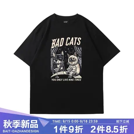 短袖美式高街复古史密斯猫咪夫妇卡通印花小众潮牌圆领新款夏装t商品大图