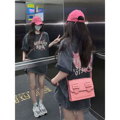 重磅纯棉美式复古短袖t恤女ins潮夏季做旧水洗宽松oversize上衣服图片