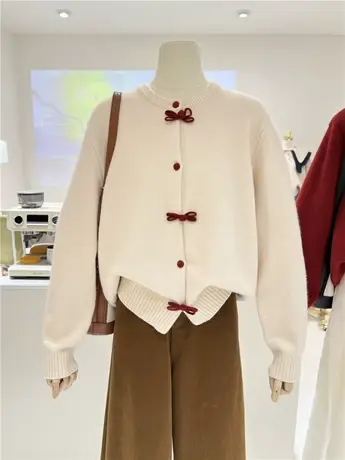 春秋新款国风红色毛衣外套女蝴蝶结宽松显瘦新中式针织开衫短款图片
