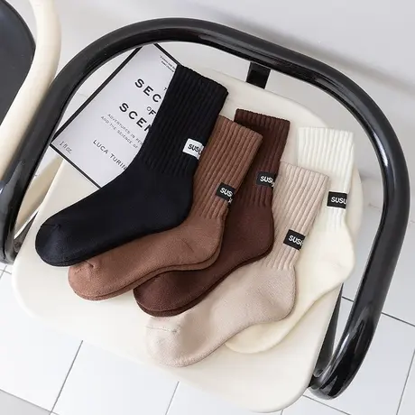 2024春款毛圈袜子女春款小众设计中筒袜原宿风纯色休闲底运动棉袜商品大图