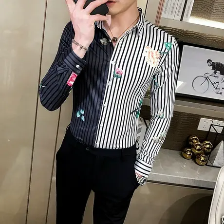 男士个性条纹衬衫秋装长袖潮流韩版美发型师时尚痞帅气修身花衬衣商品大图