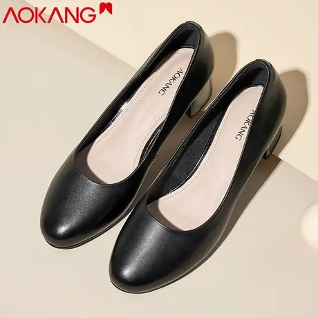 奥康女鞋新款工作鞋真皮软底舒适真皮粗跟职业空姐酒店银行高跟商品大图