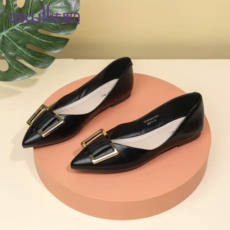 依思q2024春季新款尖头单鞋平底金属方扣舒适软底软皮女鞋工作鞋商品大图