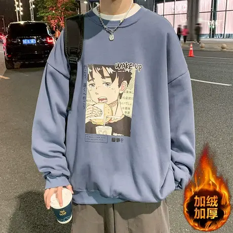 加绒卫衣男士秋冬季潮牌圆领卡通印花上衣港风ins宽松休闲外套厚商品大图