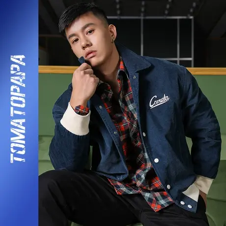 TOMATOPAPA原创设计灯芯绒外套男秋冬潮流个性绣花翻领复古夹克男商品大图