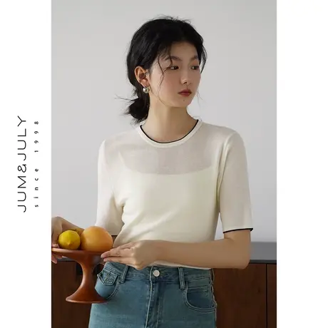 嘉茱莉2023秋季新款撞色针织衫女薄款圆领套头针织短袖上衣打底衫商品大图