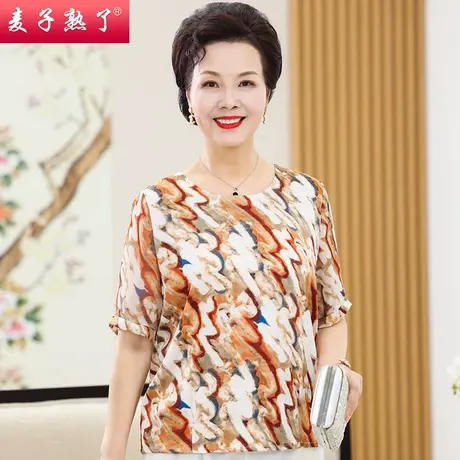 妈妈夏装短袖T恤洋气阔太太雪纺小衫50岁新款春高贵中老年人女装商品大图