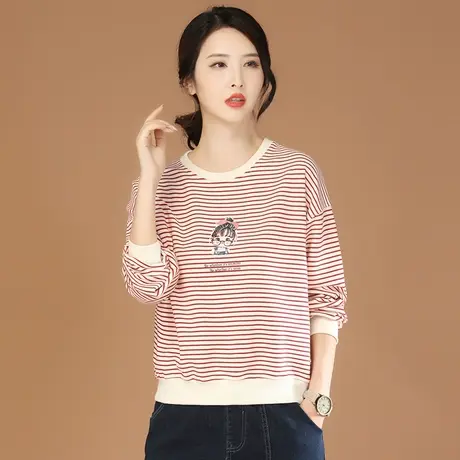 韩潮袭人复古印花美式卫衣女2023春秋装新款条纹长袖t恤短款上衣图片