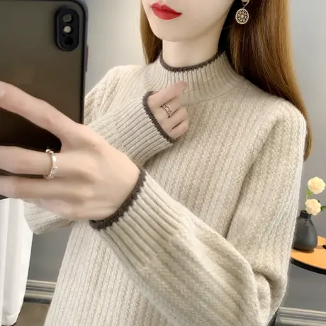 半高领毛衣女加厚打底衫2023秋冬新款宽松套头外穿针织衫内搭上衣商品大图