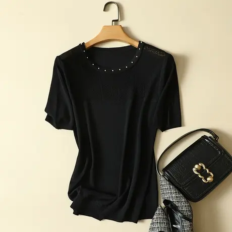 冰丝针织衫短袖t恤女2022春夏新款圆领宽松显瘦薄款打底衫女上衣商品大图