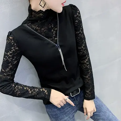 加绒加厚打底衫女秋冬百搭洋气高领长袖T恤女装蕾丝拼接内搭上衣商品大图
