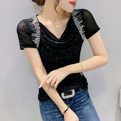 性感网纱短袖T恤女2023夏装新款重工烫钻V领小衫气质垂感修身上衣商品大图