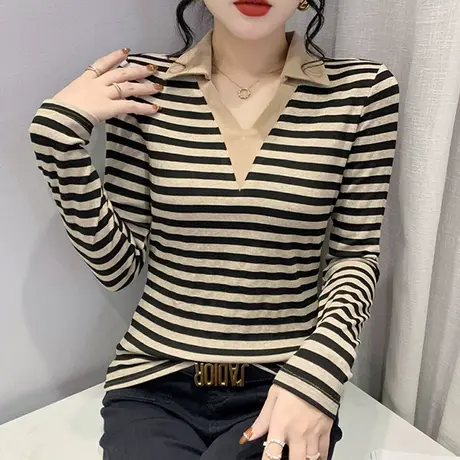 条纹打底衫女春秋2023新款时尚洋气翻领上衣气质时尚拼色修身T恤商品大图