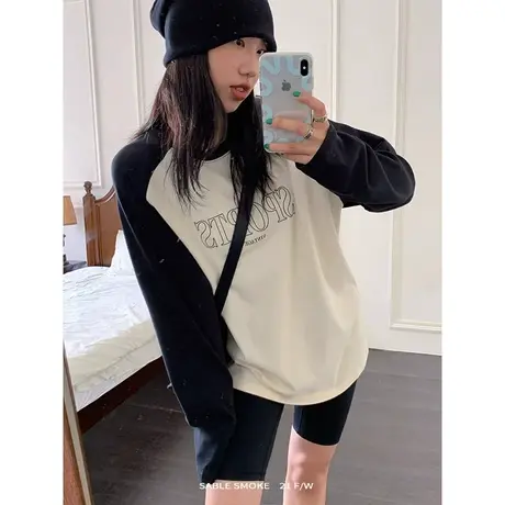 爆款长袖T恤女拼接潮小众设计感宽松秋冬纯棉上衣内搭打底衫百搭图片