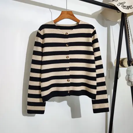 条纹针织开衫女内搭秋冬新款韩版设计感小众宽松圆领长袖上衣外穿商品大图