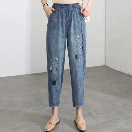 哈伦裤女2023年春秋新款宽松复古牛仔裤松紧腰休闲九分裤萝卜裤子图片