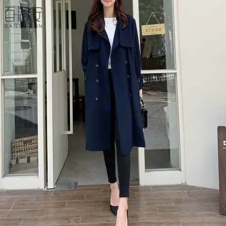 百洛安宽松中长款风衣女秋季新款韩范气质时尚系带双排扣大衣外套图片