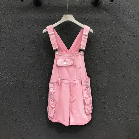 2023夏季新款粉色减龄多口袋宽松显瘦牛仔背带裤女时尚吊带短裤潮商品大图