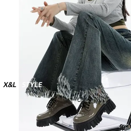 美式复古微喇叭牛仔裤女秋季2023新款设计感毛边高腰显瘦马蹄裤子商品大图