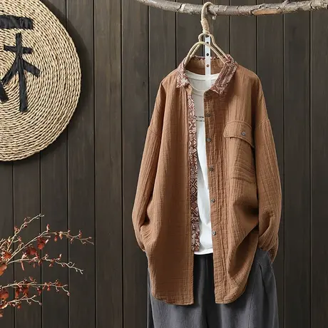 枫谜2022秋季新款肌理感棉麻印花拼接复古文艺长袖衬衫图片