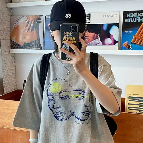 美式复古短袖t恤女大码半袖宽松韩版bf慵懒风chic港味上衣服ins潮商品大图