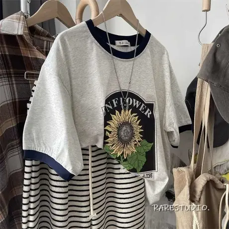 复古太阳花图案包边撞色休闲百搭宽松洋气短袖棉T恤韩系女上衣商品大图