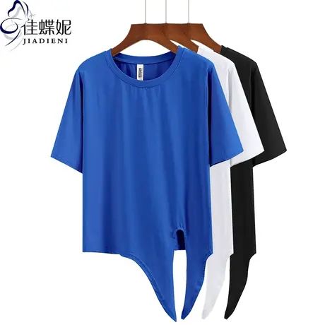 夏季新款韩版纯白圆领宽松短款高腰打结短袖体恤上衣纯色女装图片