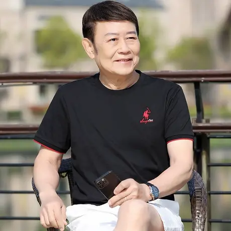 爸爸短袖t恤男士中年夏装新款纯棉高端刺绣半截袖圆领汗衫上衣服商品大图