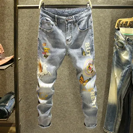 2023新款牛仔裤男夏季薄款潮牌修身小脚裤子浅色印花时尚弹力男裤商品大图